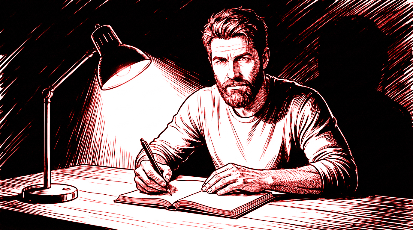 A man writing in a journal by one low lamp at night.
