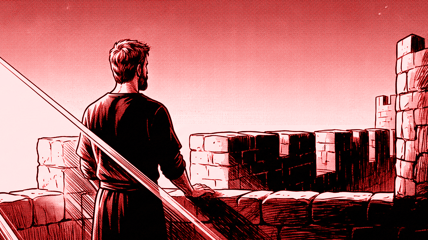 A lone figure at the citadel parapet, looking out over the still landscape.