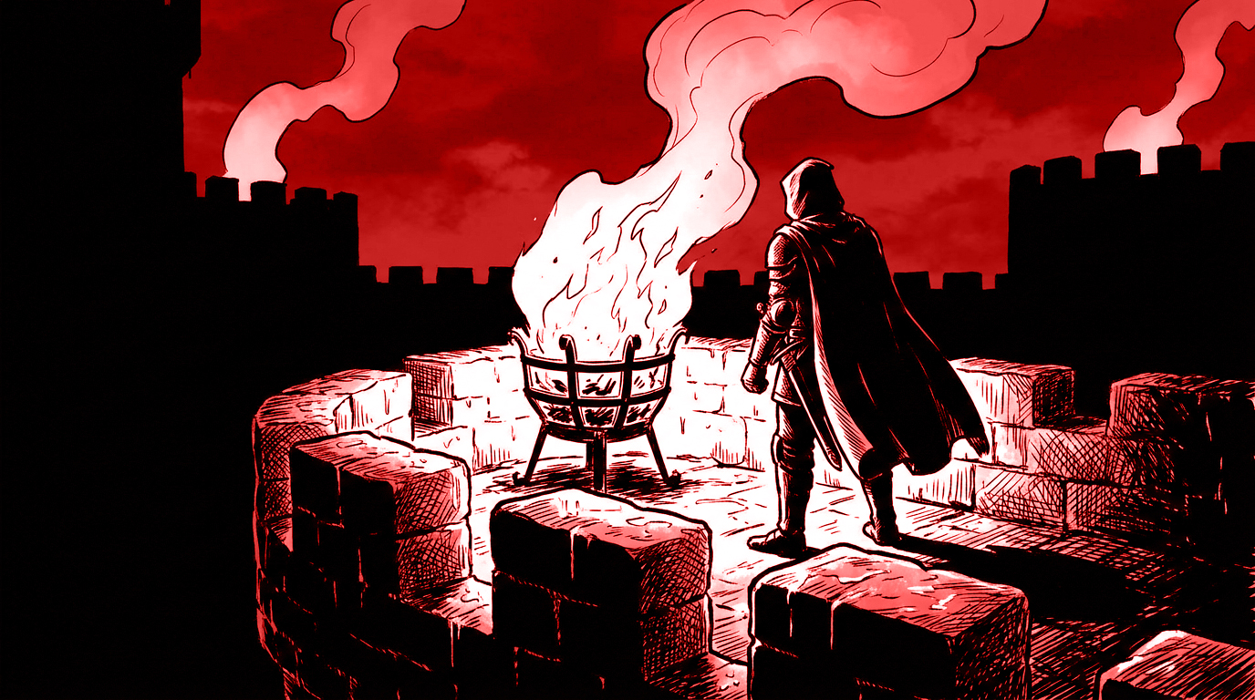 An iron brazier burning on a fortress battlement at night.