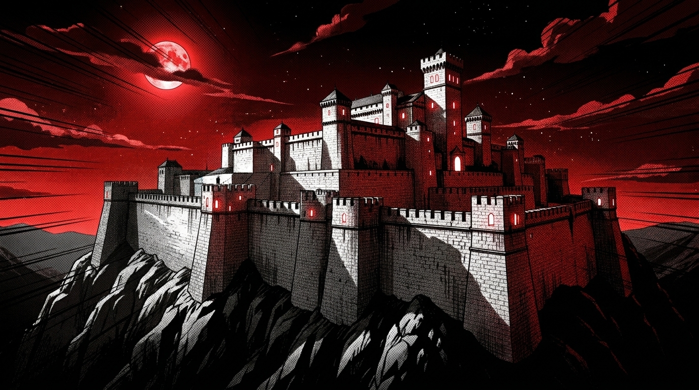 A vast fortress citadel on a crag at night beneath a red moon.