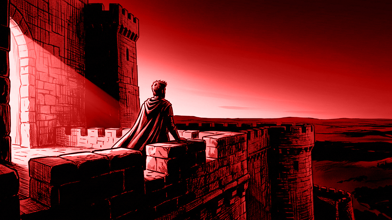 A figure seated on the citadel wall at dusk, contemplative.